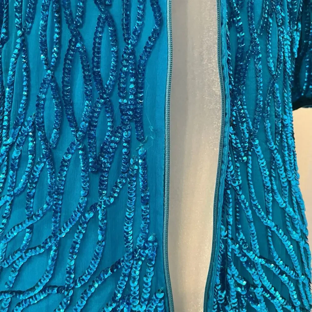 Vintage Laurence Kazar Sequin Sheath Dress L Silk Blue Beaded Party Costume 80s - Picture 13 of 16